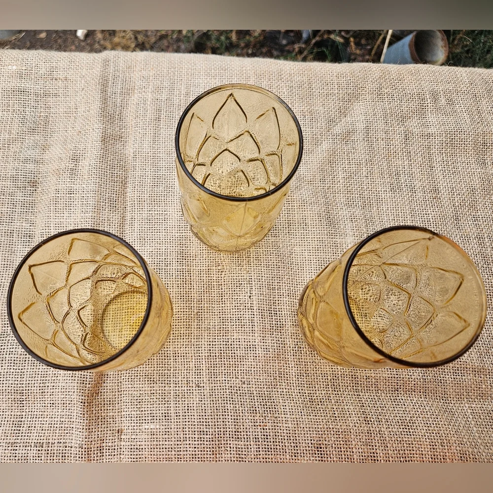 Set of Three Vintage Amber Glass Tumblers Libbey Madrid Pattern 60s 70s Era Boho - Picture 8 of 12